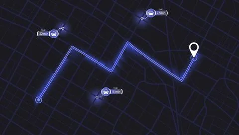 Location tracker dashboard with data of arrive. City street road with pins on Stock Illustration