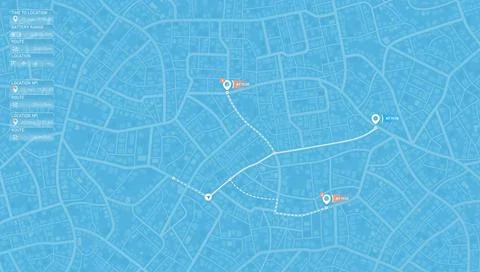 Location tracker dashboard with data of arrive. City street road with pins Stock Illustration