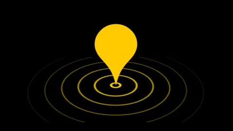 Location tracker pin pointer on black background, Animated location yellow .. Stock Illustration