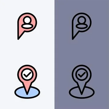 Location Tracking and Navigation Icons: Map Pin with User and Checkmark 스톡 일러스트