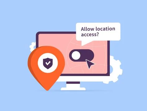 Location tracking request on desktop screen with GPS icon, map and toggle switch Stock Illustration