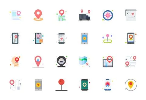 Location Tracking Visual Pack containing 24 Flat Grid Fitted Vector Icons Stock Illustration