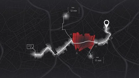 Location tracks dashboard. 3D data dashboard. Urban highway plan. Pin location Stock Illustration