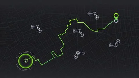 Location tracks dashboard. Navigation for obtaining data on distance, turns. Illustrazione stock