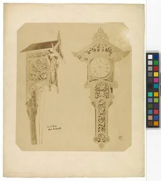 Location unknown - carved pendulum clock by A. &amp; G. () Weber - side and fr... Stock Photos