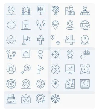 Location Vector Icon Set with 40 Thin Line 64x64 Pixel Optimized Graphics Stock Illustration