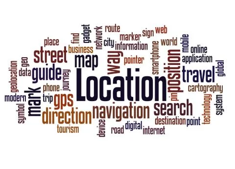 Location word cloud concept Foto stock
