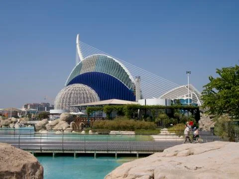 L'Oceanografic building with reflections in water surroundings Stock Photos