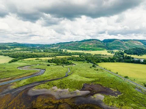 Loch Feochan and Feochan Bheag River from a drone Feochan Glen Oban Argyll and Stock Photos