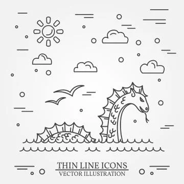 Loch Ness monster logo. Thin line icon for  web design and appli Stock Illustration