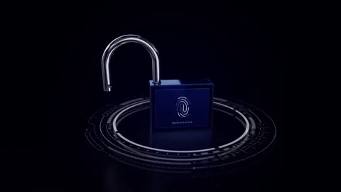 Lock 3D blue cyber security.Fingerprint scanner.Old Lock new technology Stock Footage 248051503