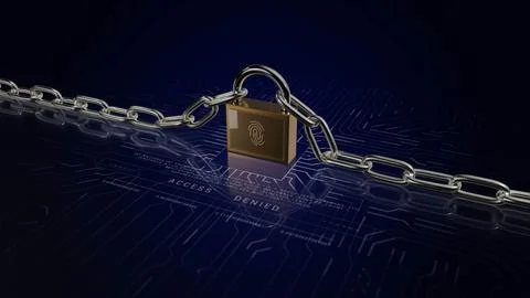 Lock 3D with chain .Fingerprint scanner.Old Lock new technology. Motherboard Stock Illustration