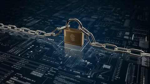 Lock 3D with chain .Fingerprint scanner.Old Lock new technology. Motherboard Stock Illustration