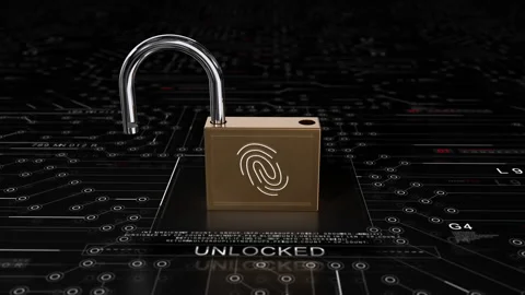 Lock 3D .Fingerprint scanner.Old Lock new technology. Technological UI HUD Stock Footage 247958642