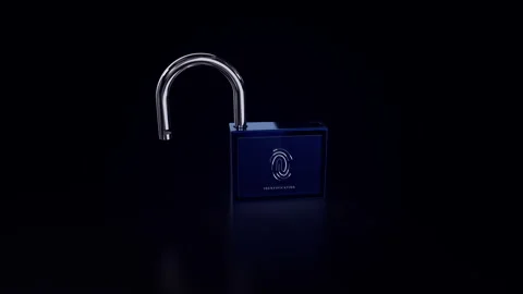 Lock 3D .Fingerprint scanner.Old Lock new technology. Technological UI HUD Stock Footage 247974682