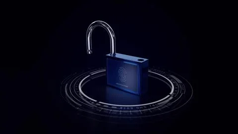 Lock 3D .Fingerprint scanner.Old Lock new technology. open lock. blue Illustration