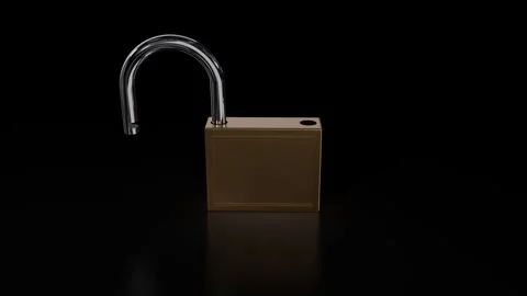 Lock 3D .Old Lock golden metal and glass.Security, access. Opening lock. Stock Footage 249183861