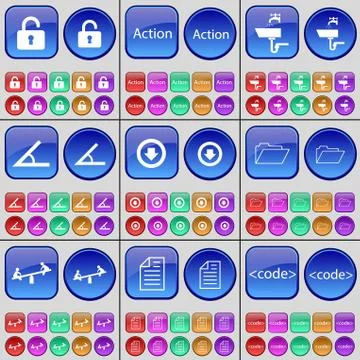 Lock, Action, Tap, Angle, Arrow down, Folder, Swing, Text file, Code. A large se Stock Illustration