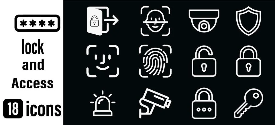 Lock and access control icon set featuring security symbols including finge.. Stock Illustration