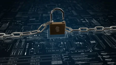 Lock and chain 3D.Fingerprint scanner and circuit.Technological UI HUD stealing Stock Footage 249670779
