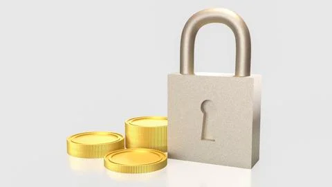 The Lock and coins for Security concept 3d Rendering. Stock Illustration