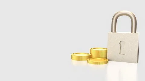 The Lock and coins for Security concept 3d Rendering. Illustrazione stock