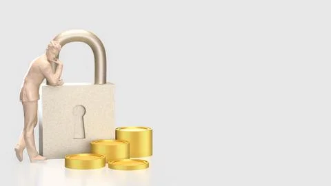 The Lock and coins for Security concept 3d Rendering. 스톡 일러스트