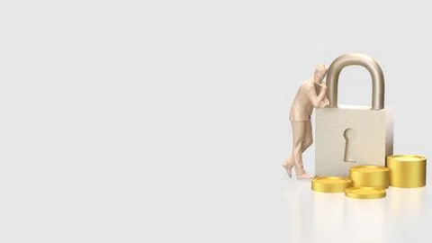 The Lock and coins for Security concept 3d Rendering. 스톡 일러스트