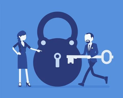 Lock and key, business problem solving and decision making metaphor Illustrazione stock