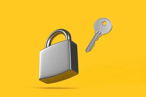Lock and key fly on bright yellow background. Security concept. 3D render 스톡 일러스트