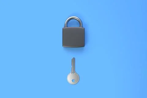 Lock and key fly on bright blue background. Security concept. 3D render Illustrazione stock