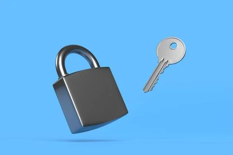 Lock and key fly on bright blue background. Security concept. 3D render Illustrazione stock