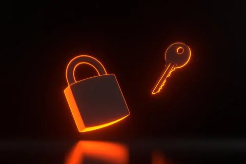 Lock and key fly with bright glowing futuristic orange neon lights Stock Illustration