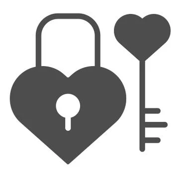 Lock and key in heart shape solid icon. Love padlock and key vector illustration Stock Illustration