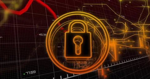 Lock and key security image over financial data and graphs Ilustración de archivo