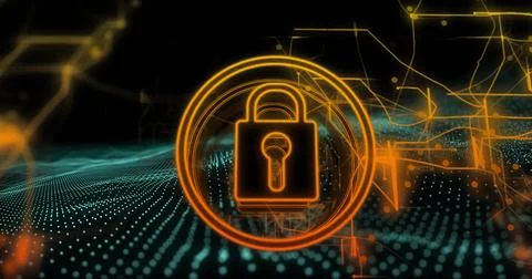 Lock and key symbol image over digital network and data points Stock Illustration