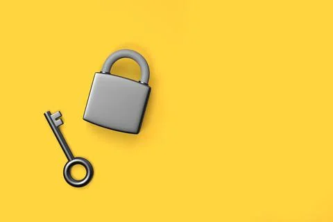 Lock and key on yellow background. Top view. Security concept. 3D render Illustrazione stock