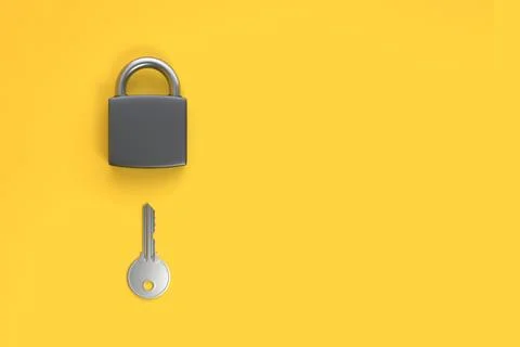 Lock and key on yellow background. Top view. Security concept. 3D render Illustrazione stock