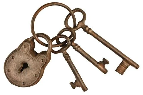 Lock and keys on a ring isolated on white Stock Photos