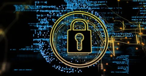 Lock and security image over digital code and data visualization Stock Photos