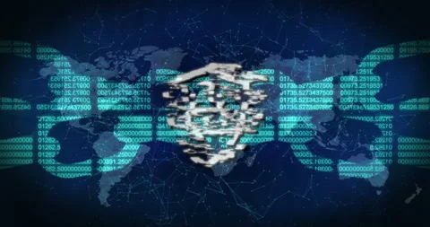 Lock and shield icon animation over binary code and world map background Stock Footage 304192144