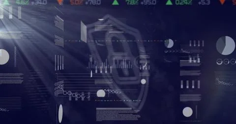 Lock and shield icon image over data charts and graphs on dark background 스톡 일러스트