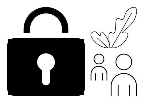 Lock and Two People with Leaf, Representing Security, Collaboration, Nature Stock Illustration
