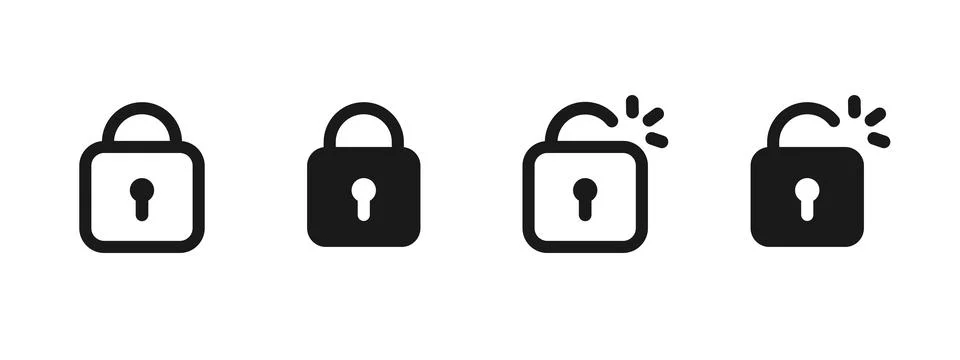 Lock and unlock icon set with closed and open padlock symbols. Outline and .. Stock Illustration