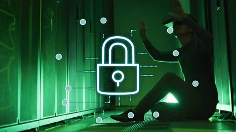 Lock appearing man with VR headset gesturing to secure network overlay server Stock Footage 332867198