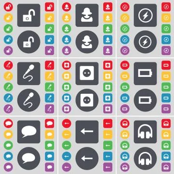 Lock, Avatar, Flash, Microphone, Socket, Battery, Chat bubble, Arrow left, Headp Stock Illustration