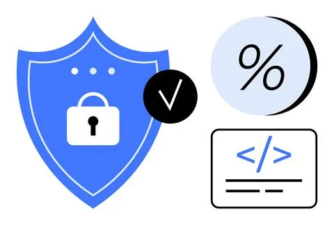 Lock on blue shield, checkmark in circle, percentage symbol, HTML code in bro Stock Illustration
