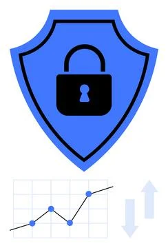 Lock on blue shield symbolizes cybersecurity with a rising line graph showing イラスト素材