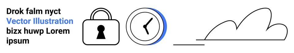 Lock, Clock, and Cloud Outline with Text in Blue and Black Stylish Font Stock Illustration