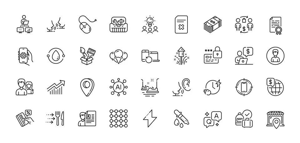 Lock, Computer mouse and Charging time line icons pack. For web app. Line icons Stock Illustration